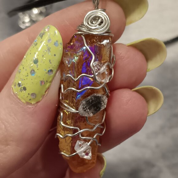 Handmade Tangerine Aura Quartz Crystal Necklace - Picture 3 of 4